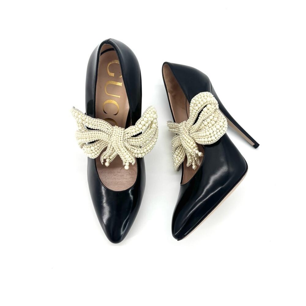 Gucci Elaisa Pearl Removable Bow Pointed Toe High Heel Pumps 38.5 - Picture 3 of 12